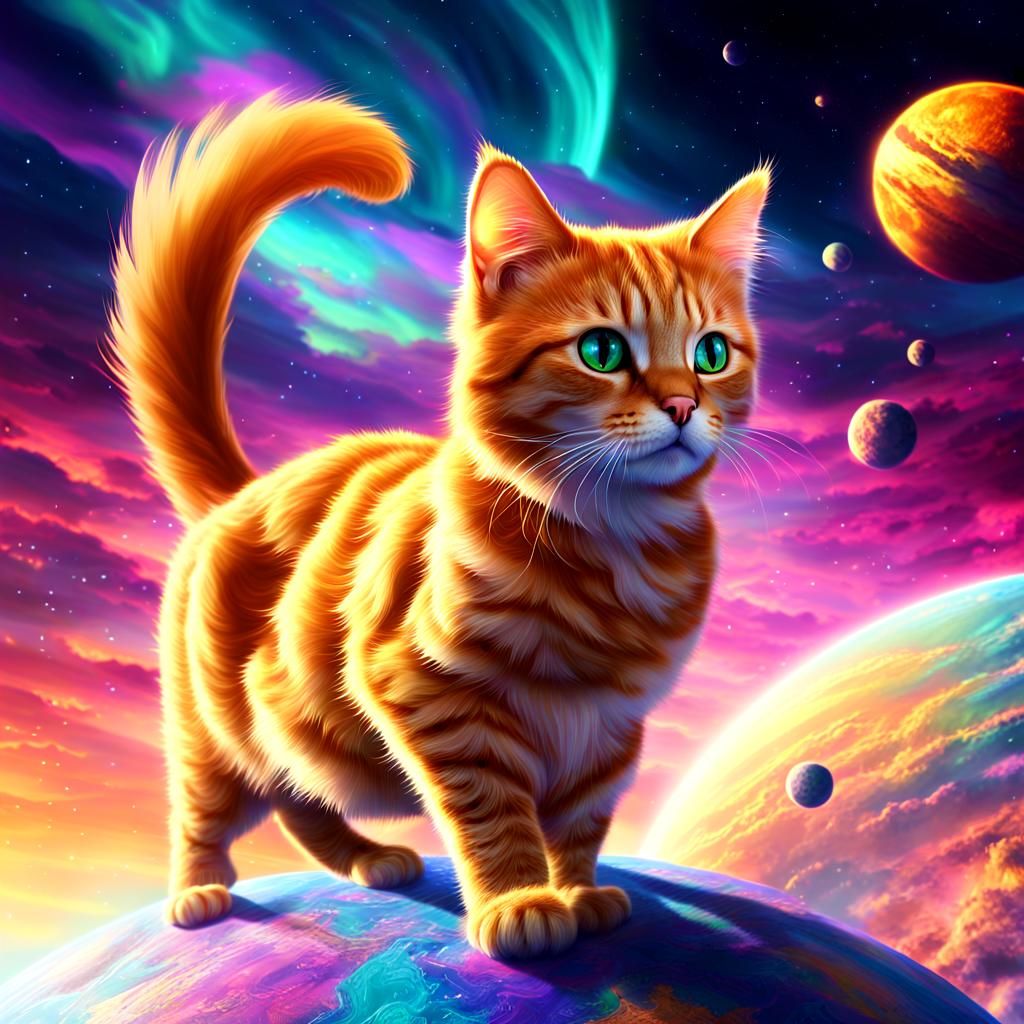 Orange Cat Flies Through Space: Fantasy Art