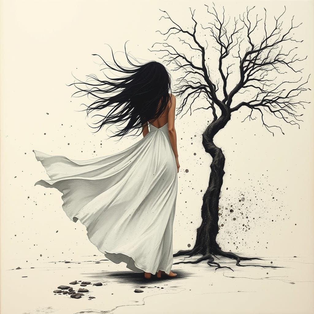 Wild woman confronts turbulent willow in splattered paint