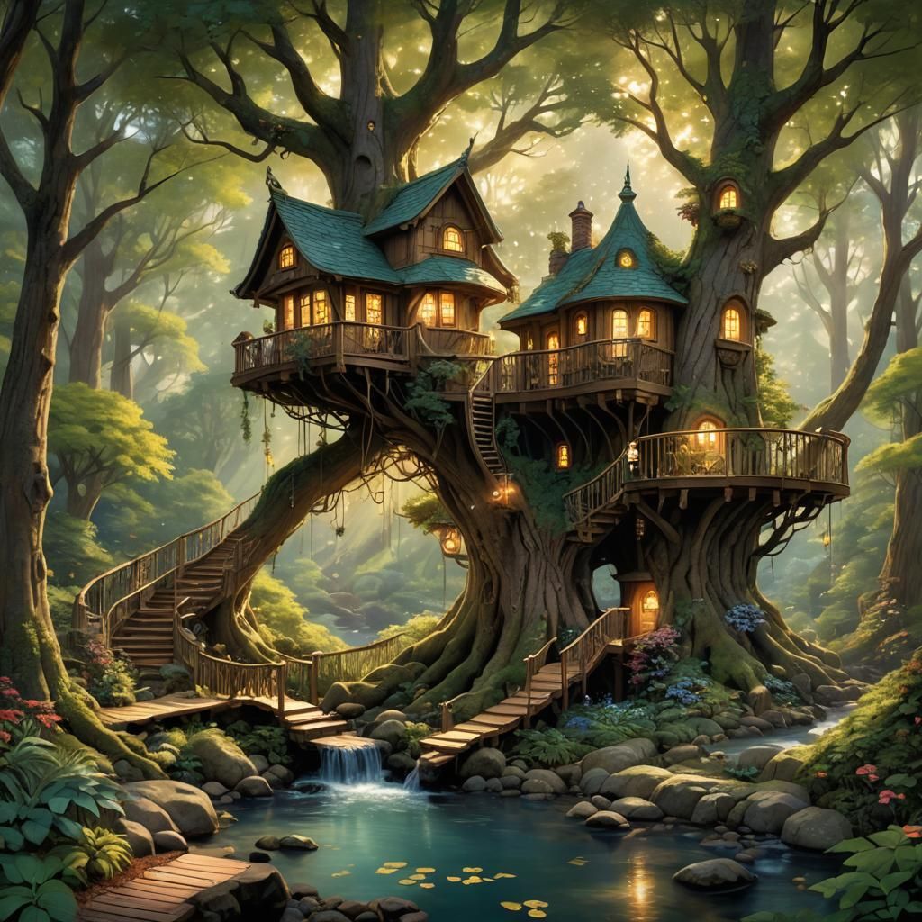 Enchanted forest treehouse retreat, art by Hayao Miyazaki and Thomas ...