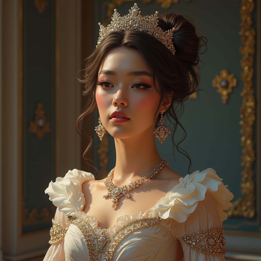 A regal female portrait depicting a woman exuding elegance and authority, dressed in luxurious, royal ...  by @Fausto Santos