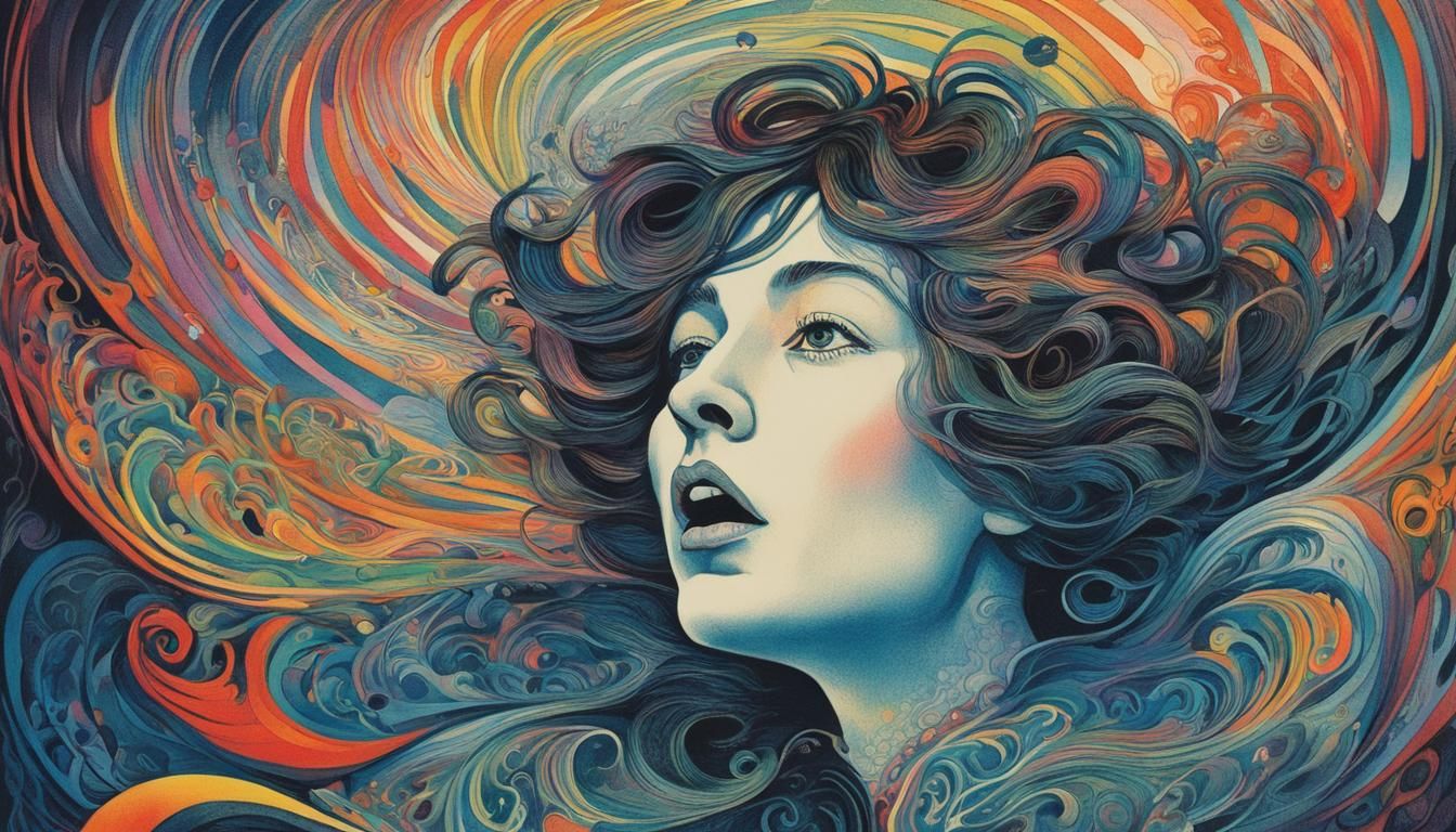 Singing the Duma,  en 1916, lithographie surrealiste dans des dégradés arc en ciel à la façon de Franz Sedlacek (Austrian, 1891-1945)_