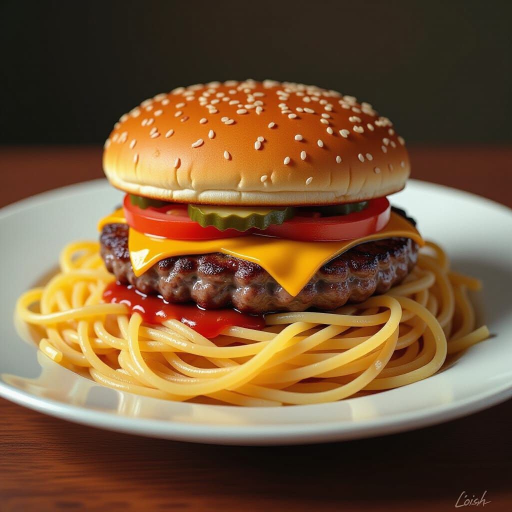 Pasta and Hamburger Fusion: Digital Art Cuisine