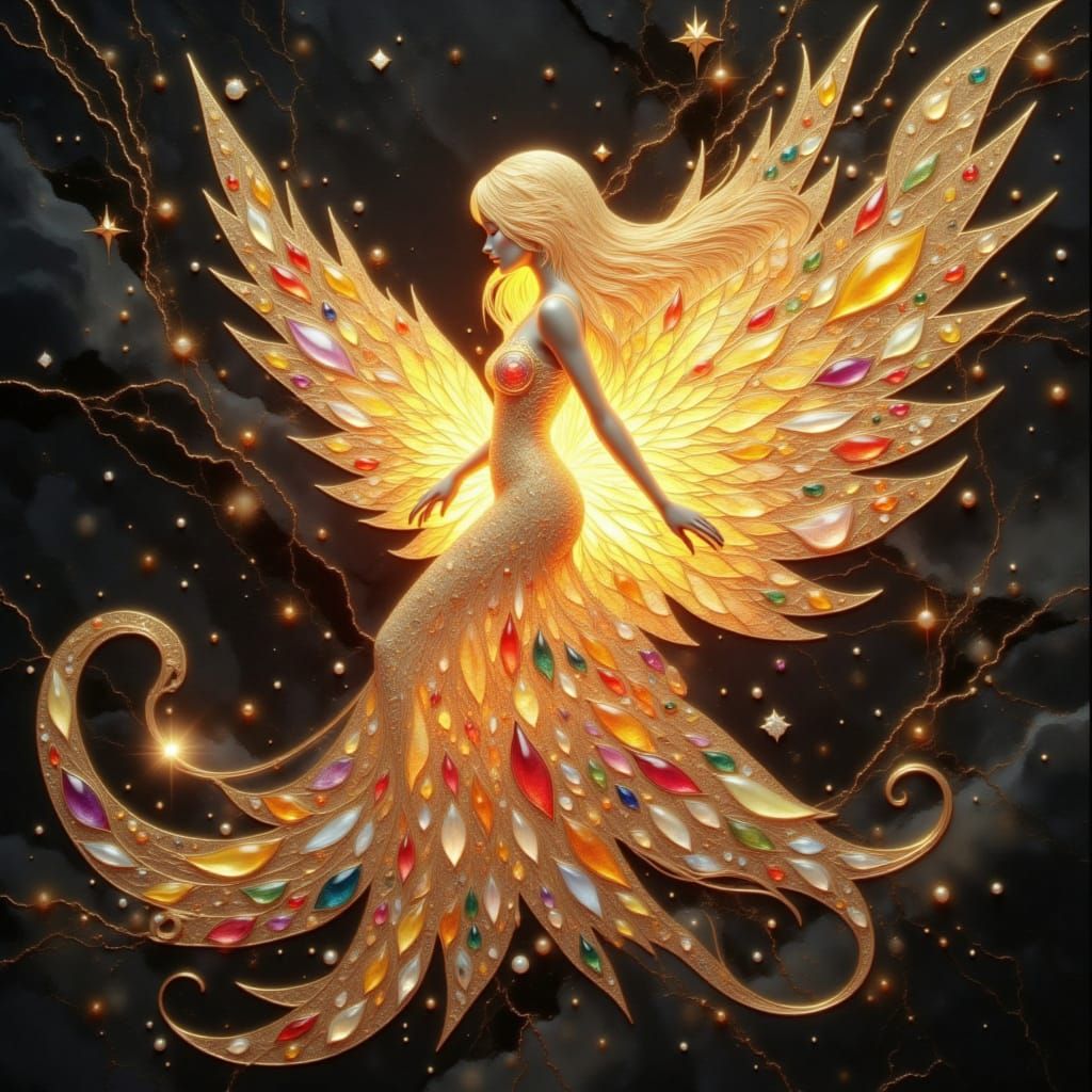 A radiant celestial being floats gracefully in a digital anime painting, its shimmering form captivating viewers with its otherworldly beaut...