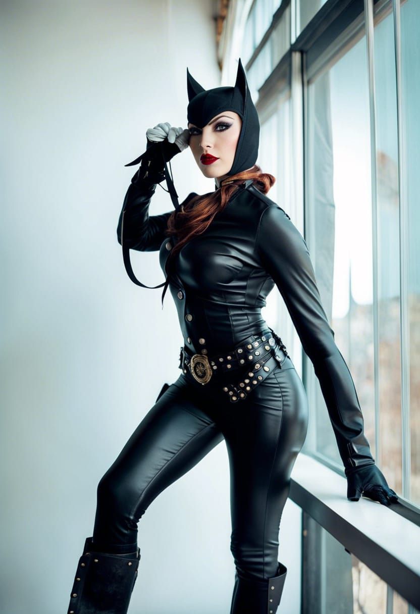 stunningly beautiful Catwoman cosplayer with makeup, wild west, by Gil ...