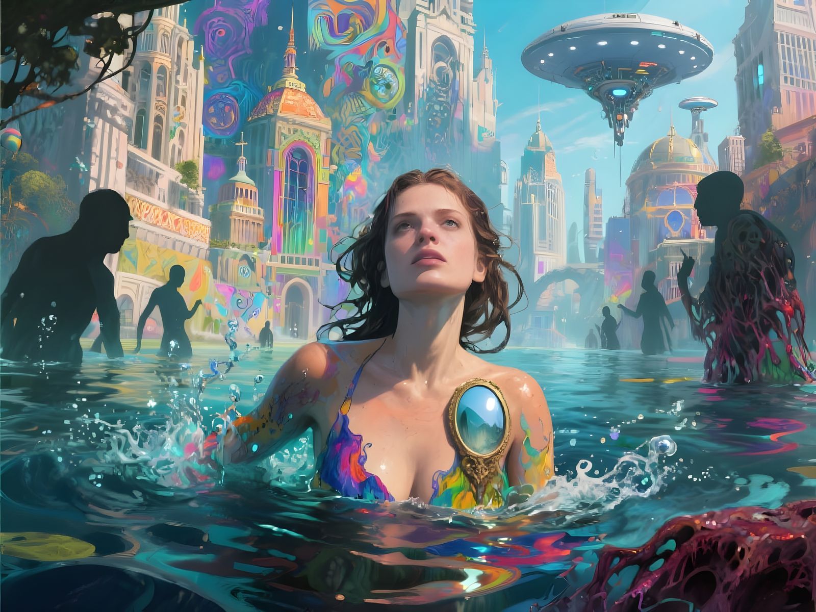 Woman Swims Through Underwater City in Digital Art Style