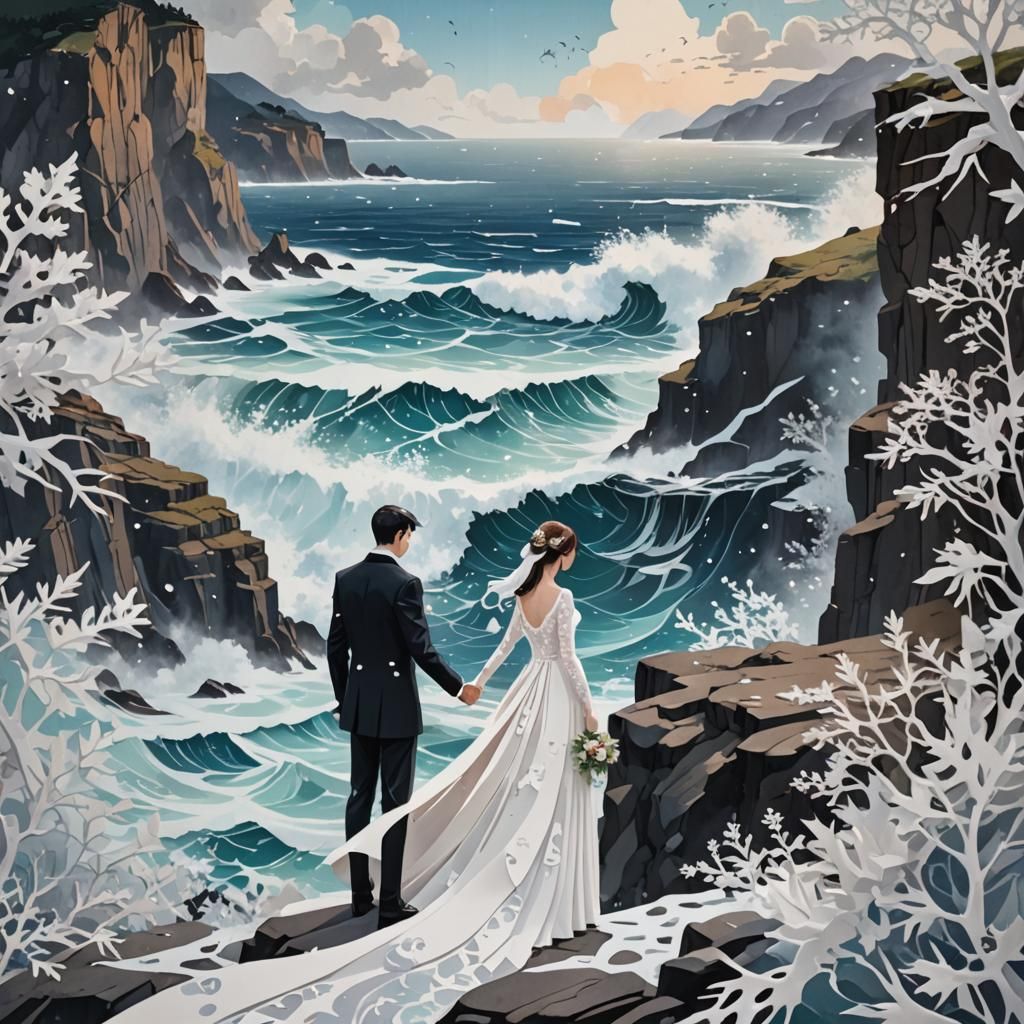 The wedding by a cliff the ocean calm below in paper collage...