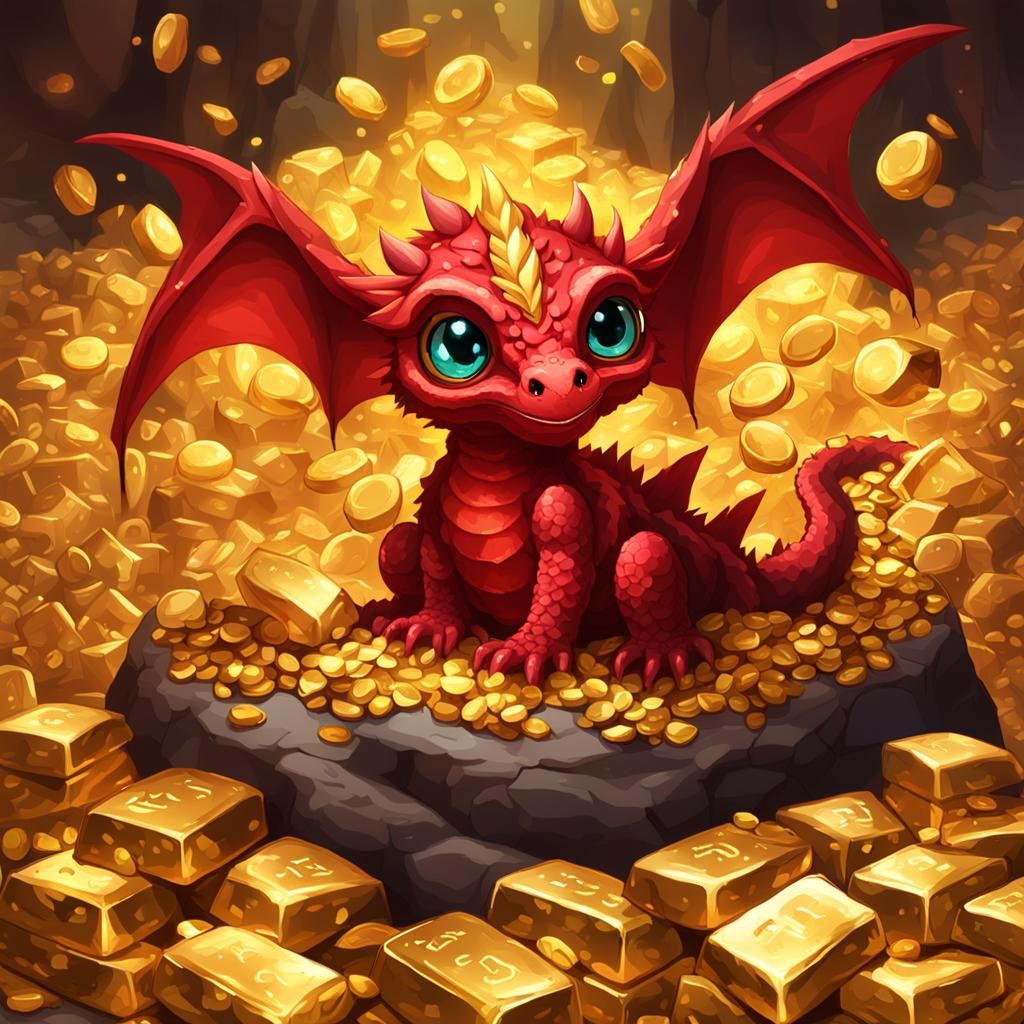 A baby dragon protecting its hoard