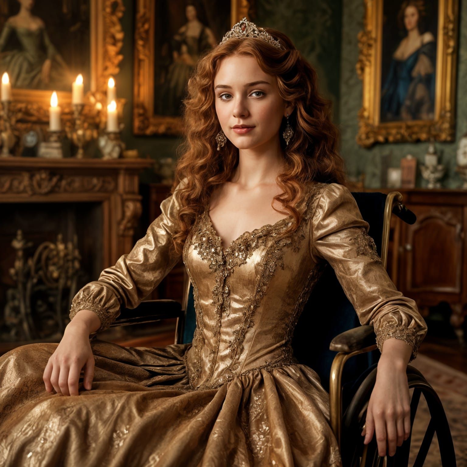 Photo portrait in Victorian castle of a gorgeous young princess with curly auburn hair in a wheelchair  by @Fokje