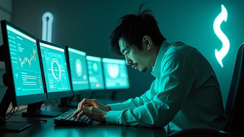 "Akira Tanaka (28, Japanese, messy black hair, tired eyes, 5 o'clock shadow, wearing a wrinkled dress shirt) hunches over a futuristic compu...