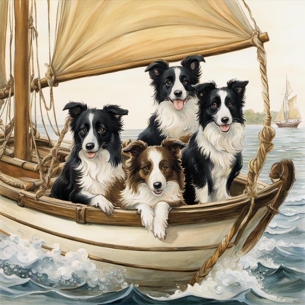Quadruplet Canine Mariners Border Collies Set Sail AI Generated
