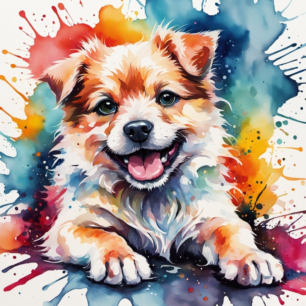 Create an adorable wet watercolor airbrush of a smiling, adorable, little dog lying on the floor, beautiful furry art, U...