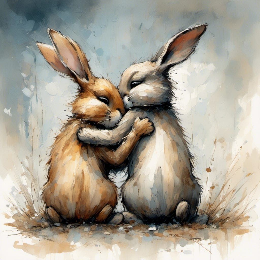 Sad Bunnies Goodbye in Painterly Whimsical Style