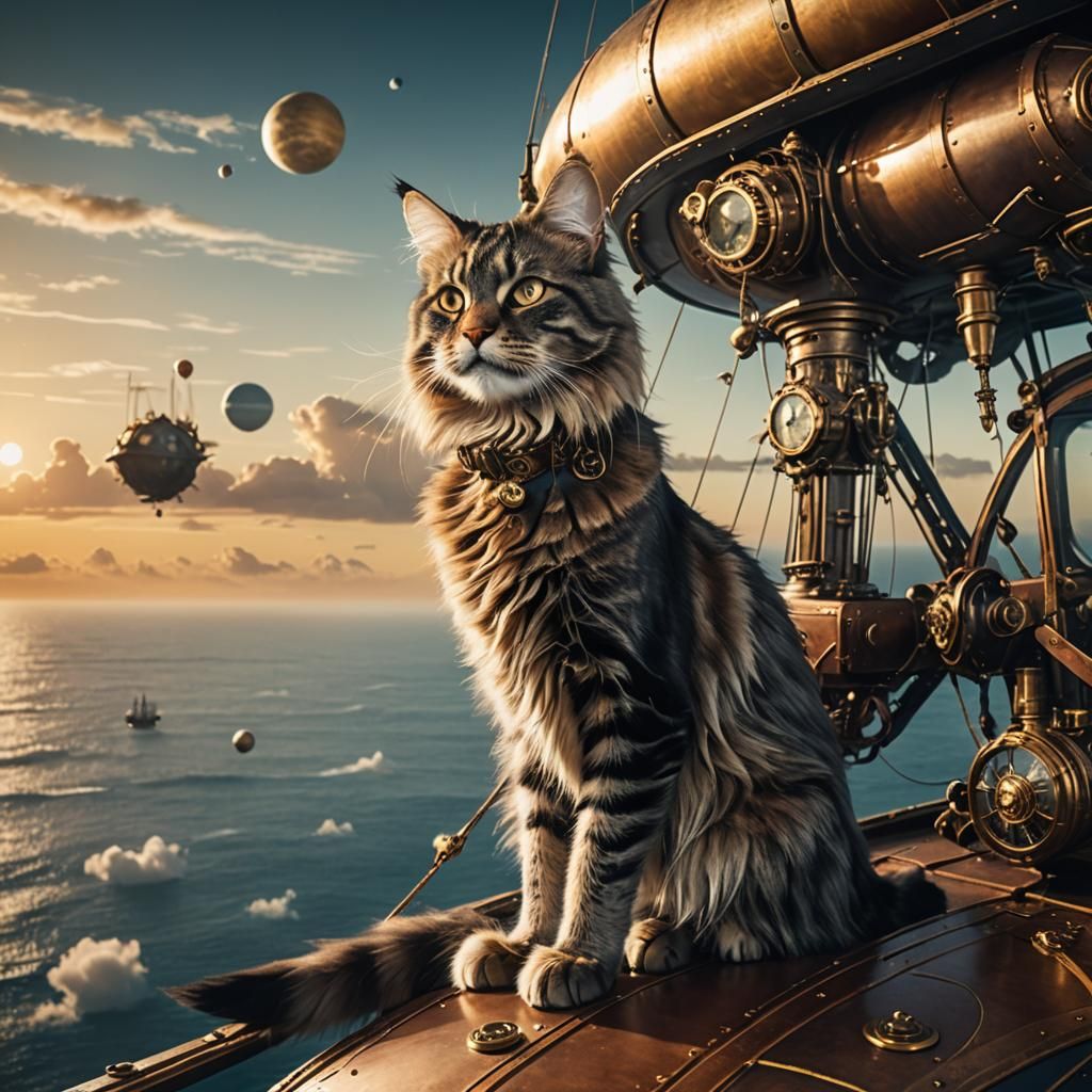 A MaineCoon cat in a steampunk airship over an ocean at sunr...