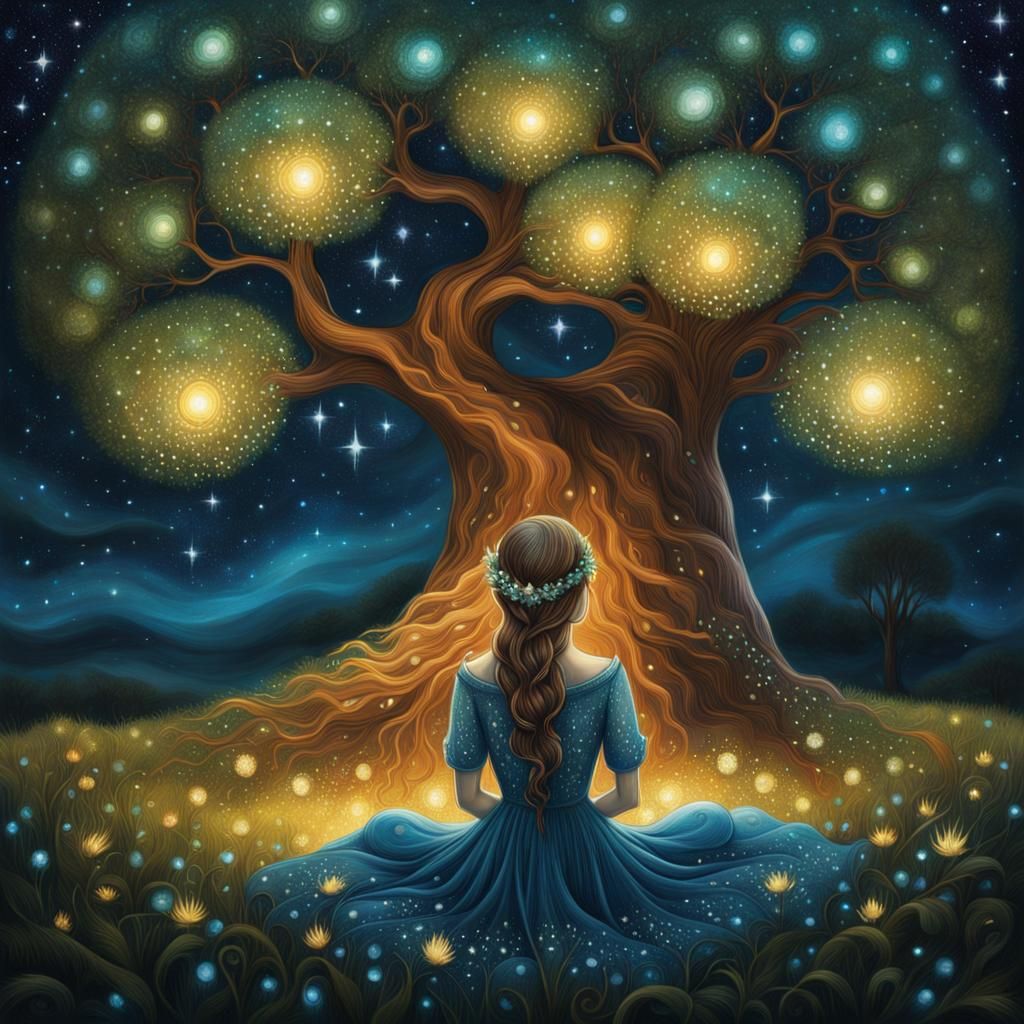 Beautiful Woman Sitting by A Peaceful majestic Tree in the s...