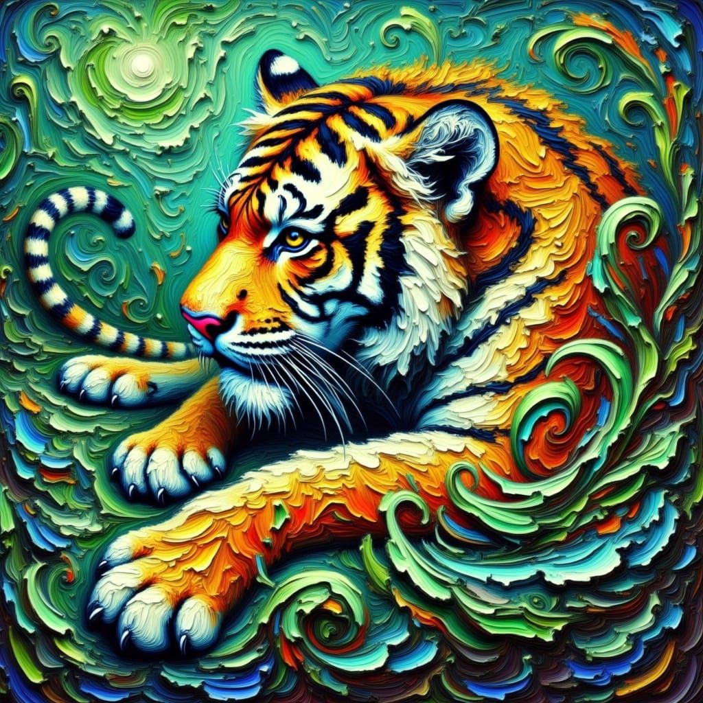 <lora:-No50-:1.0>  Colorful Flaky paint Impasto Painting of tiger