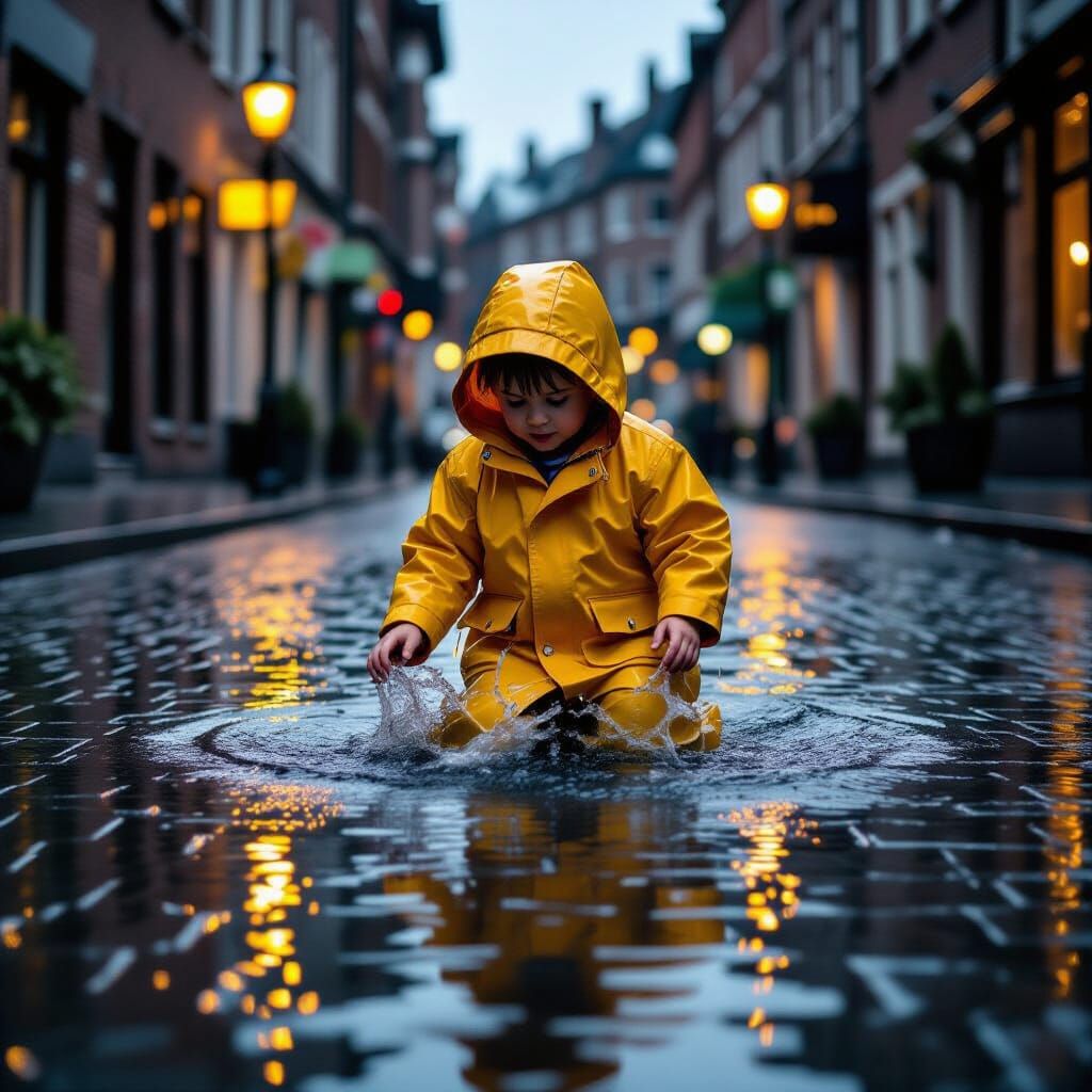 Nostalgic Summer Rain: Child in Yellow Raincoat
