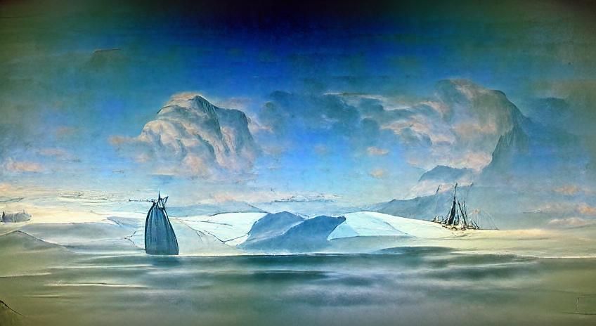 A single glacier in a calm sea at noon with overcast weather