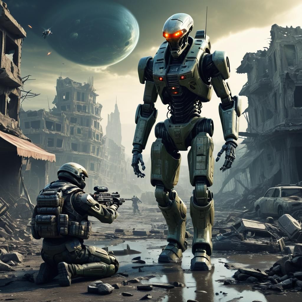 A soldier from the far future fighting with a war robot following him in a ruined alien city