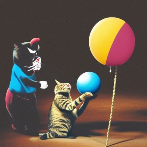 Cat Dancing on a clowns head while the clown balances on a b...