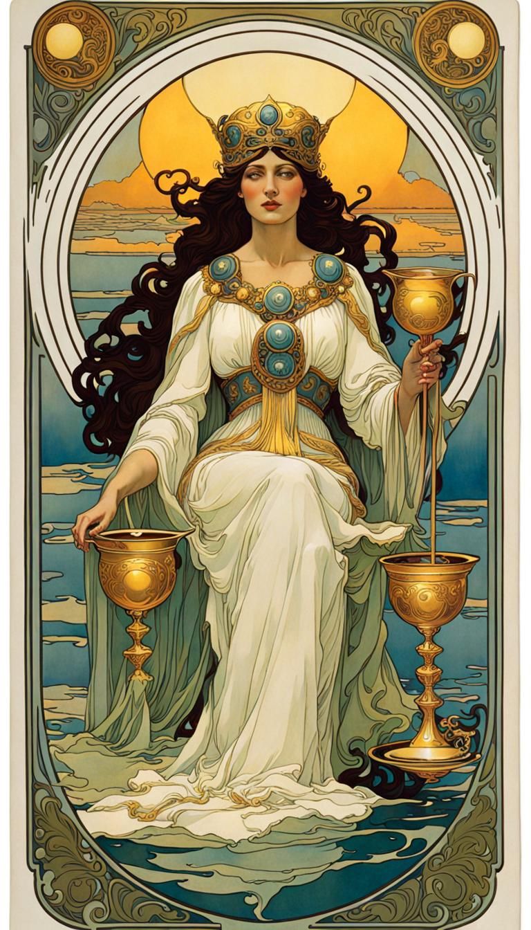 Tarot card Queen of Cups:: physically perfect and stunningly beautiful surrounded by cups of all sizes ...  by @Skwirlijvieux