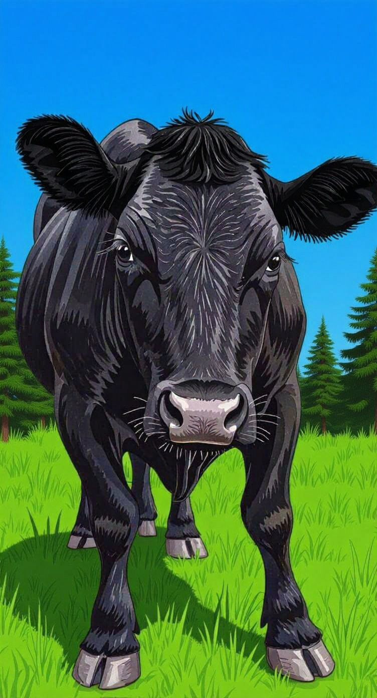 The cow is in a lush green pasture with a pond in the background and lots of cedar trees with low hanging branches. There's also a brown qua...