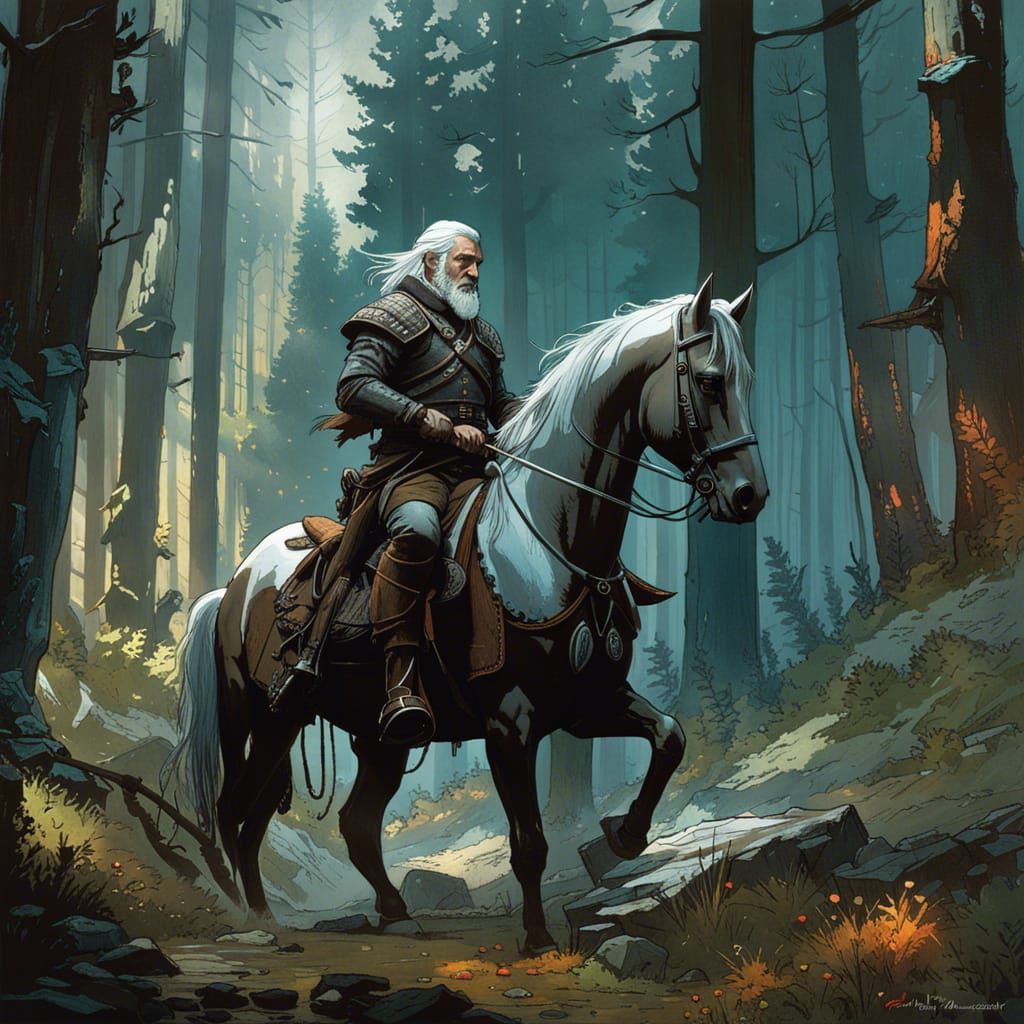 witcher riding a horse in forest
