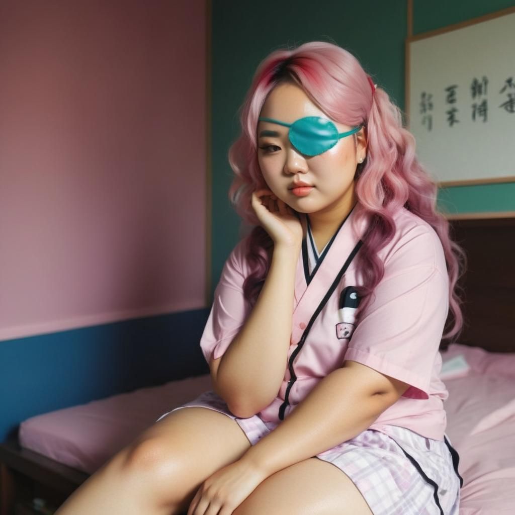 Shy eyepatched Asian school girl with pink hair sitting on bed