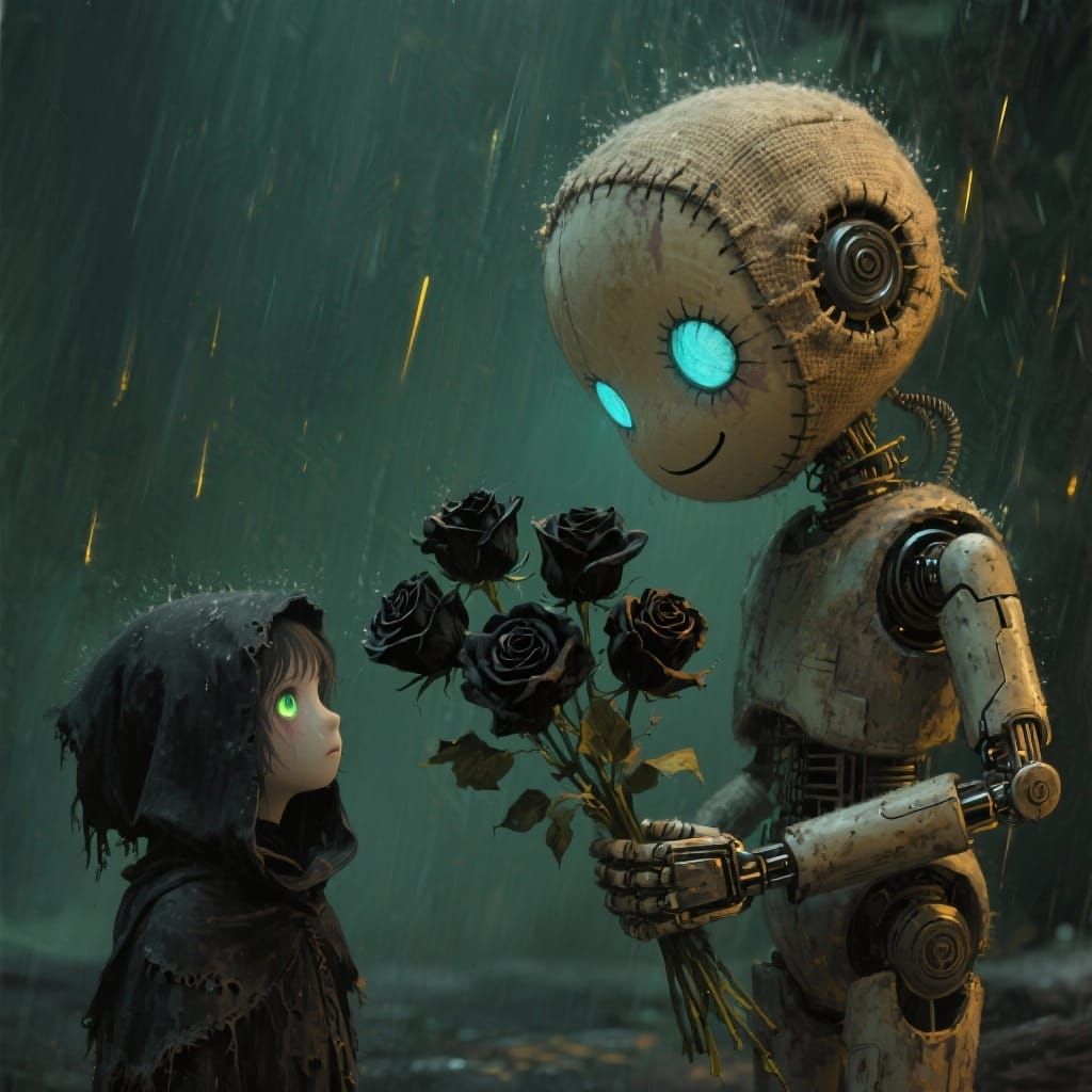 A poignant digital painting capturing a moment of bittersweet, gothic romance. A weathered, biomechanical doll with a stitched burlap head a...