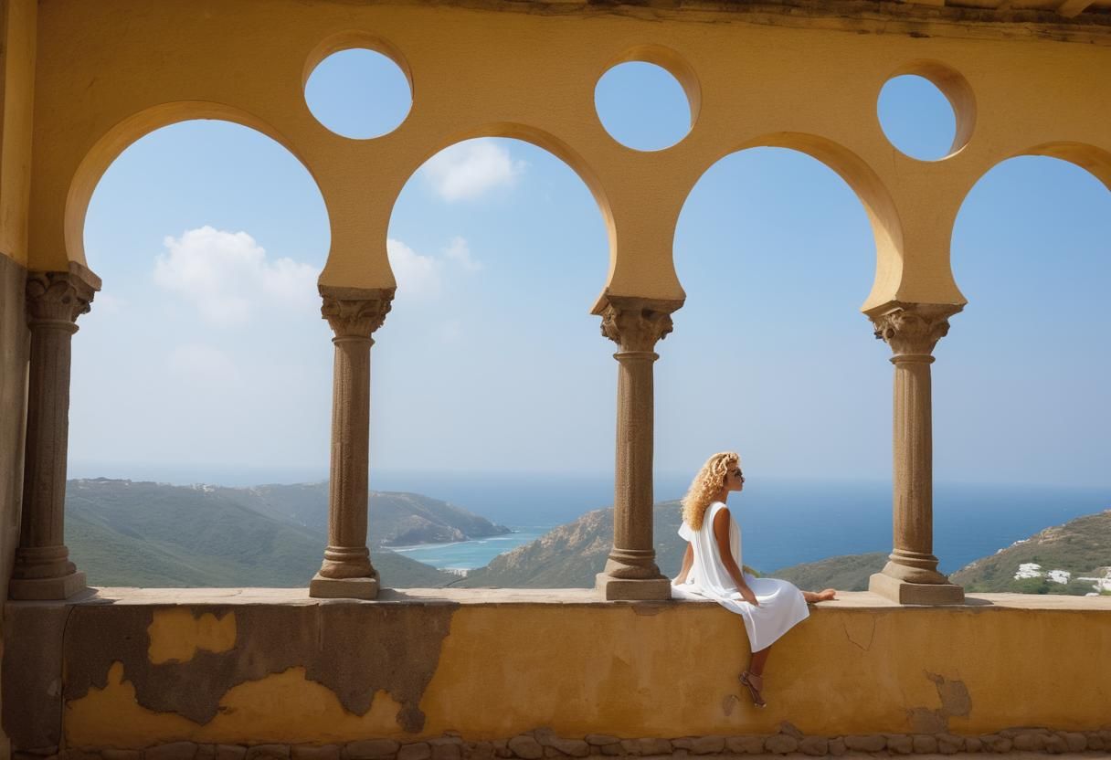 Beautiful girl with blonde curls and White tunic.