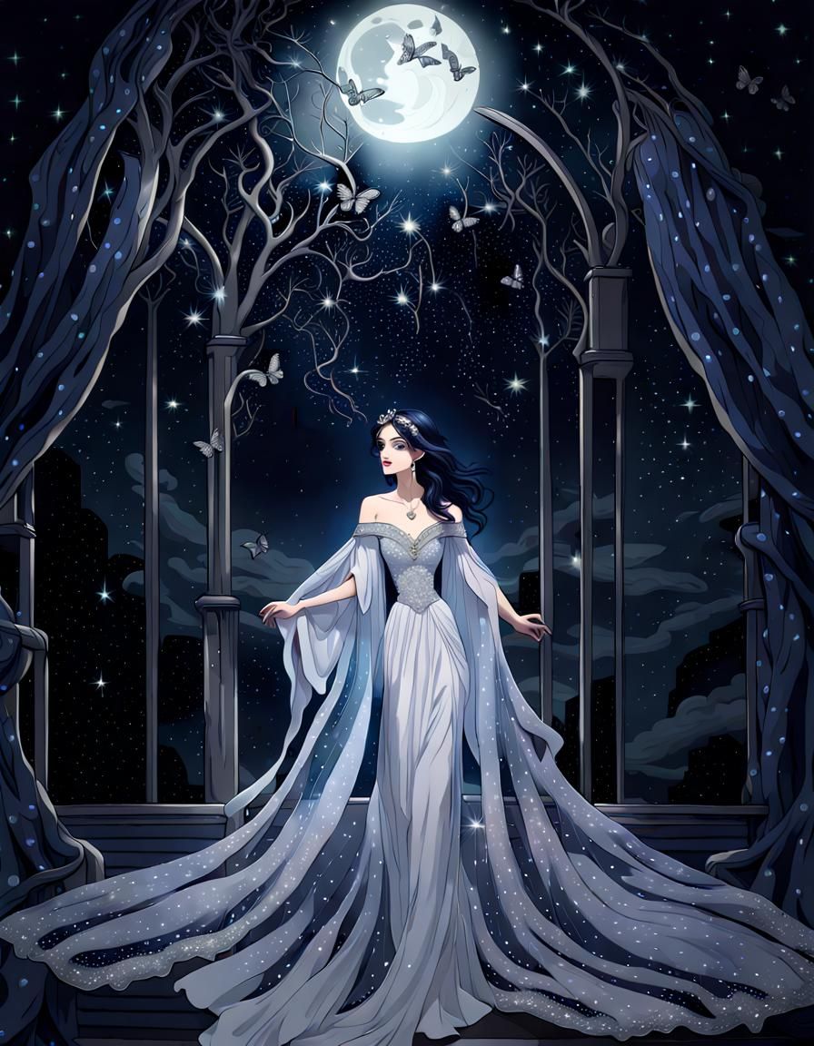 Brunette Princess with Cosmic Gown on Balcony