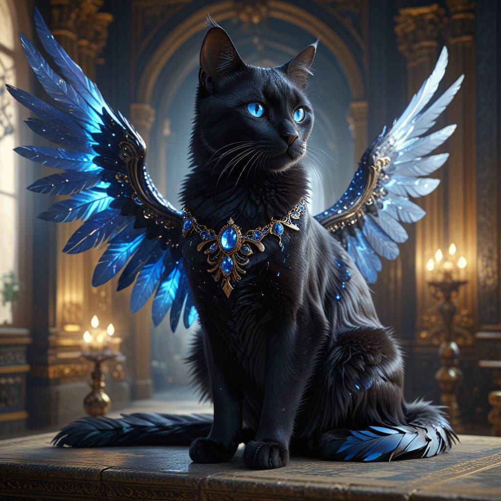 Majestic Winged Cat in Ornate Palace Interior