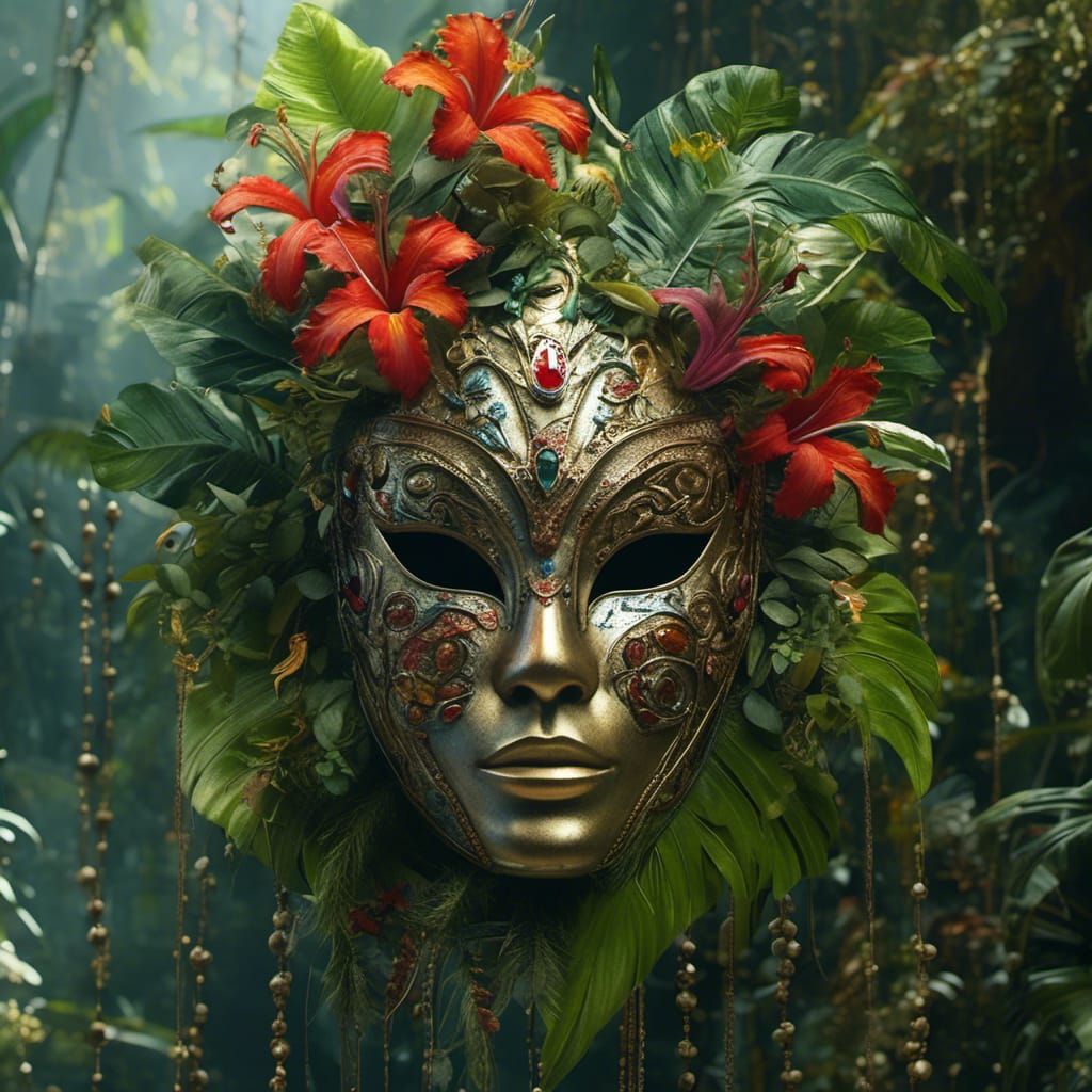 <lora:MJ6 Masks:1.0> Jungle Jamboree: A mask inspired by the lush foliage of the jungle, with leaves, vines, and exotic flowers adorning it...