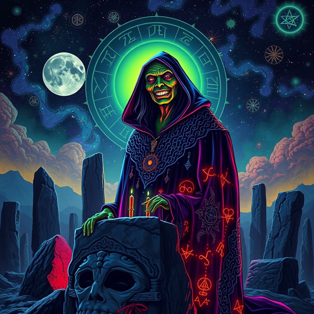 Mystical Crone Under Starry Zodiac Sky with Glowing Glyphs