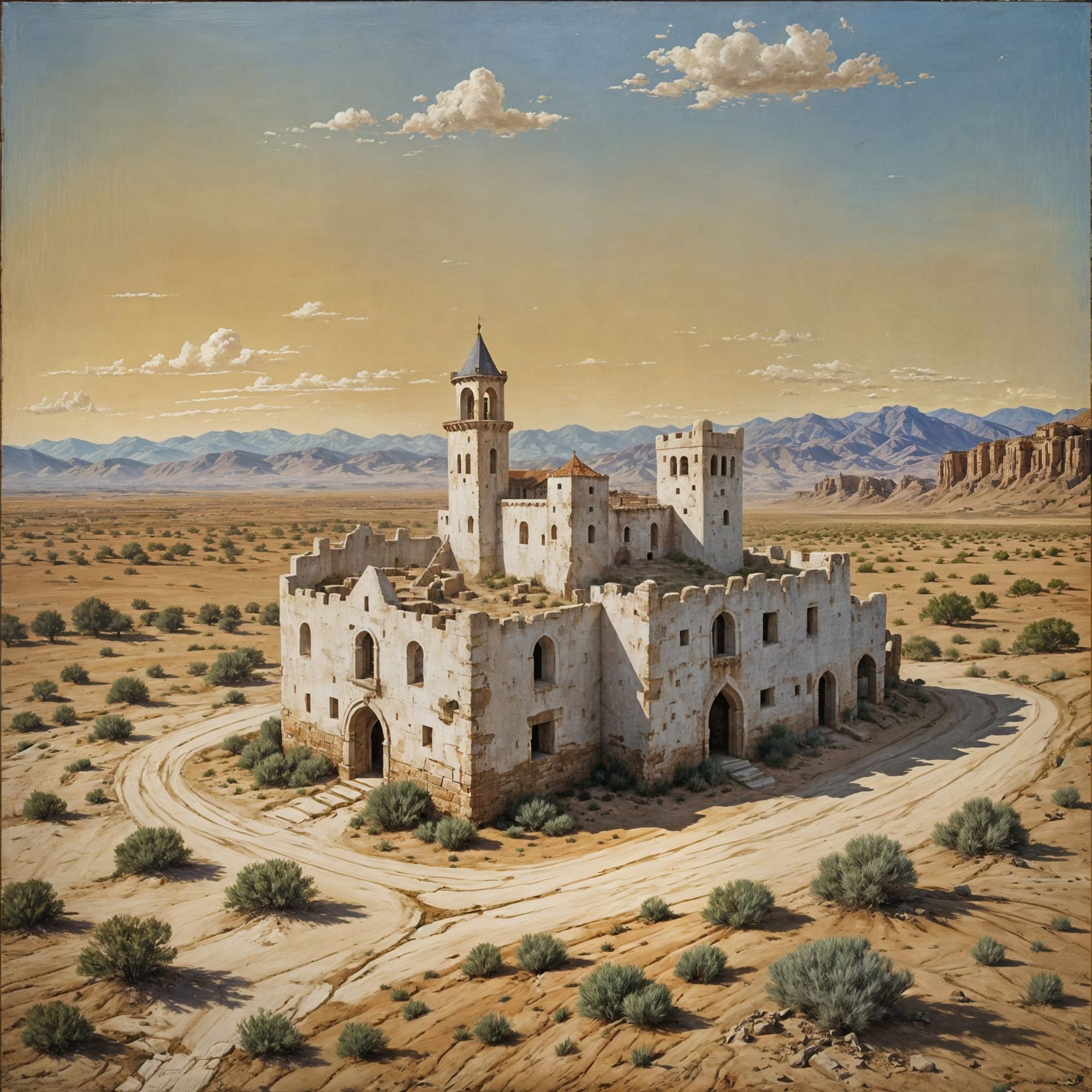 An old white medieval building on a desert plain James Gurney oil on canvas