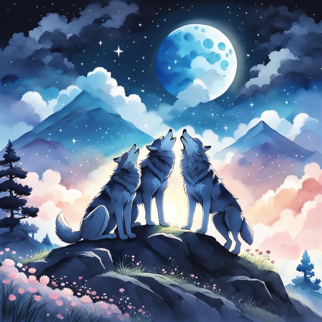 Wolves Under Moonlight: Anime Watercolor Key Visual