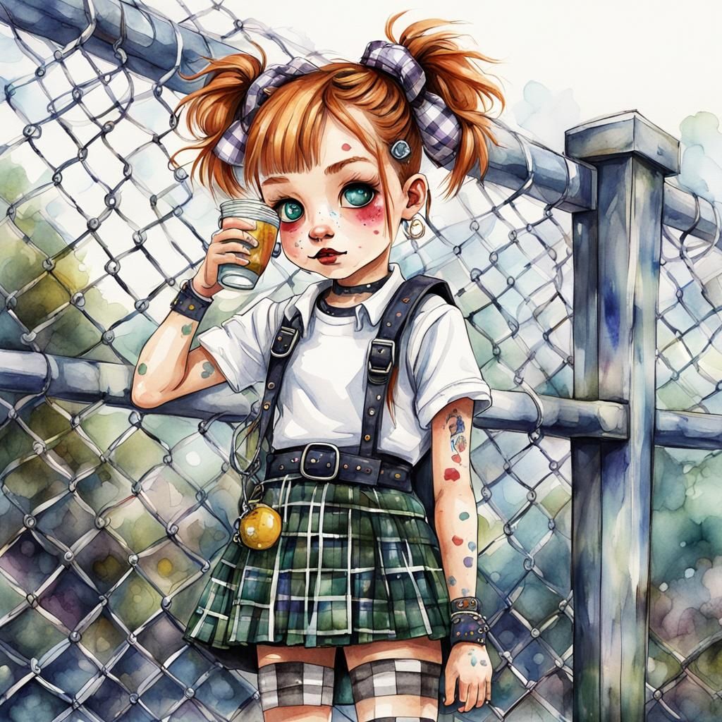 HD, 3D, whimsical, cute little punk girl dressed in a white ...