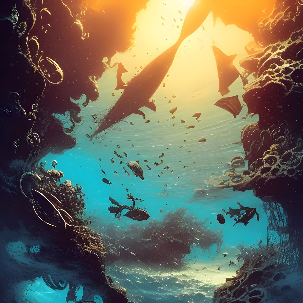 underwater ocean scene Hyper-detailed masterpiece by Nate Si...