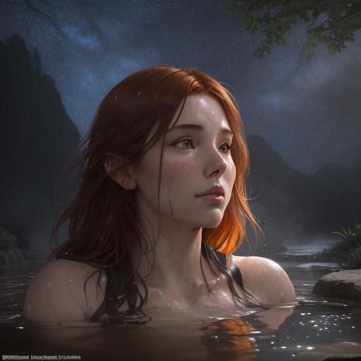 Auburn Haired Woman Sitting In A Deep Natural Hot Spring Looking Up At