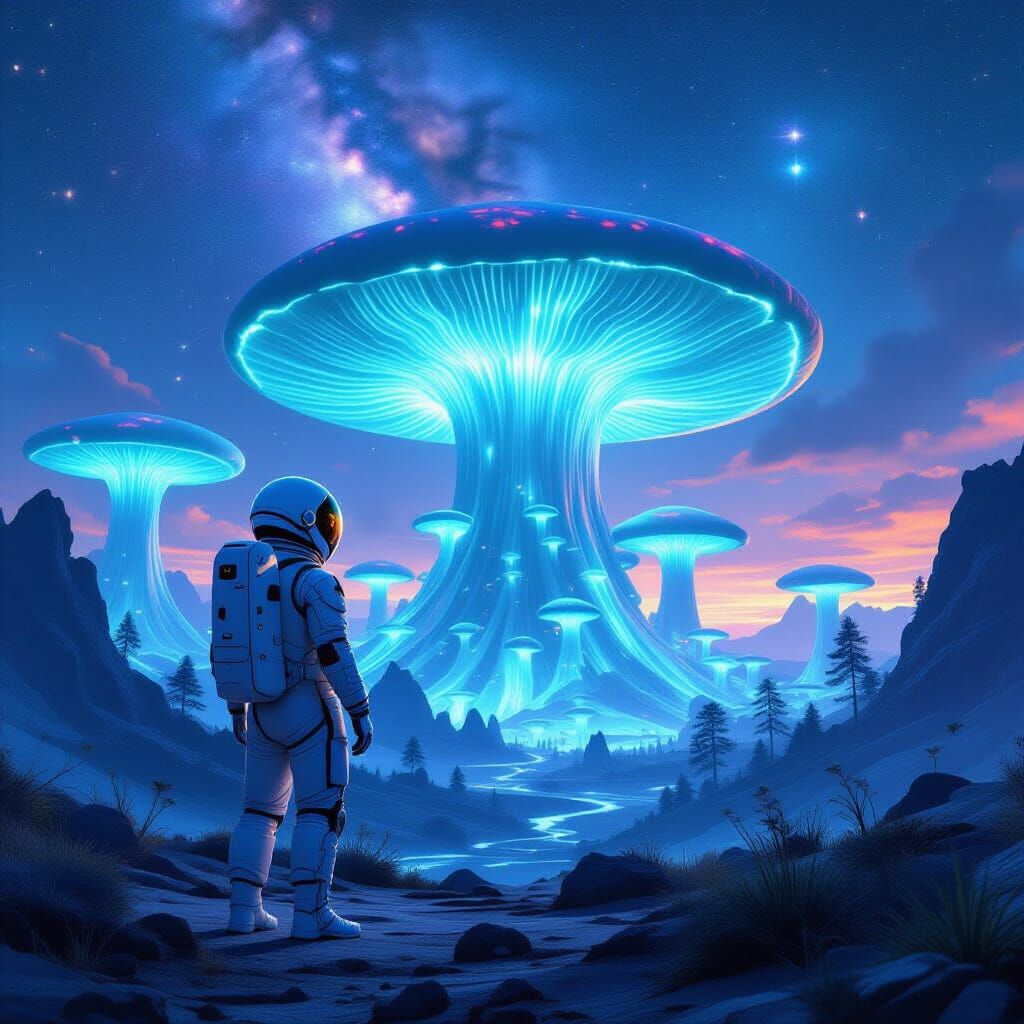 Astronaut on Alien Planet Gazing at Bioluminescent Forest