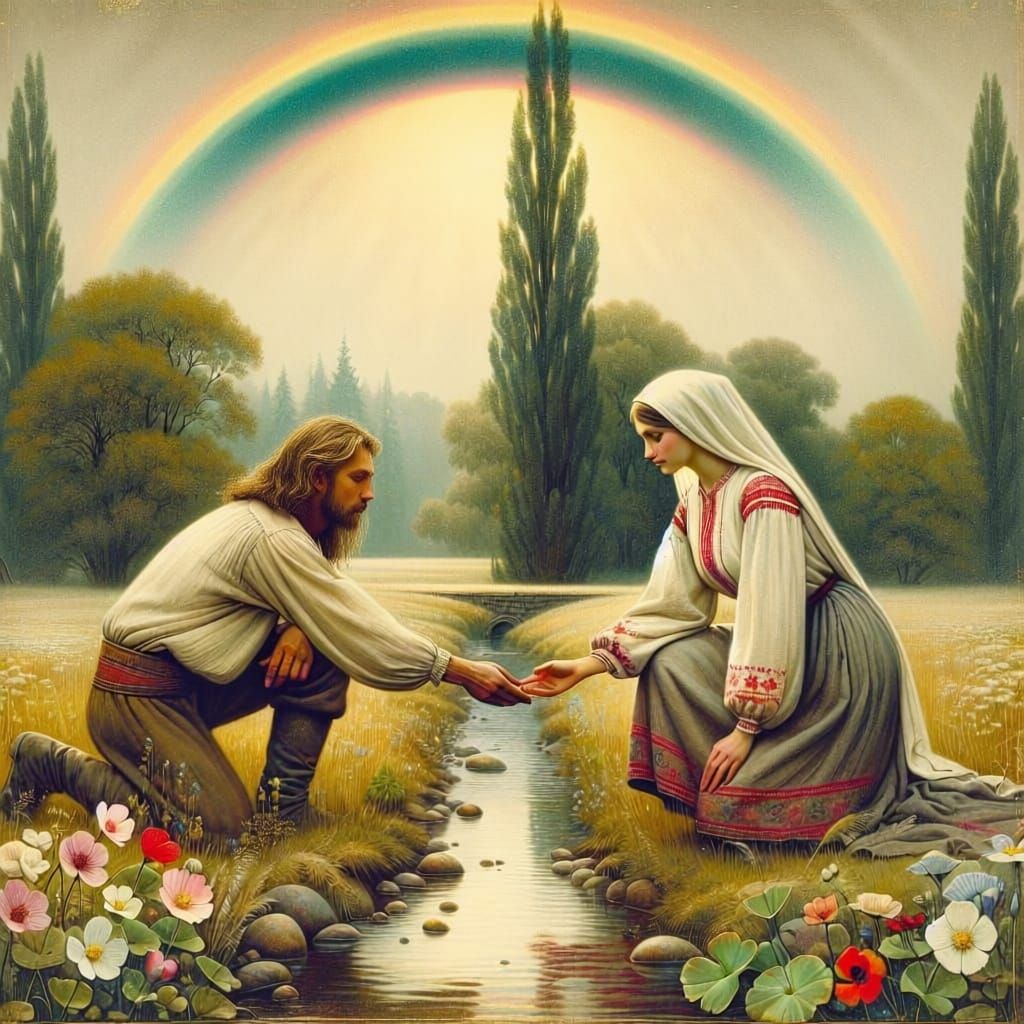 A rustic Studio Ghibli-style illustration depicting a man and a woman in traditional Slavic linen clothing, crouching across a small river, ...