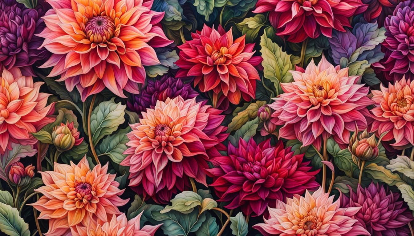 Photorealistic industrial edge Dahlias field hyperdetailed m...