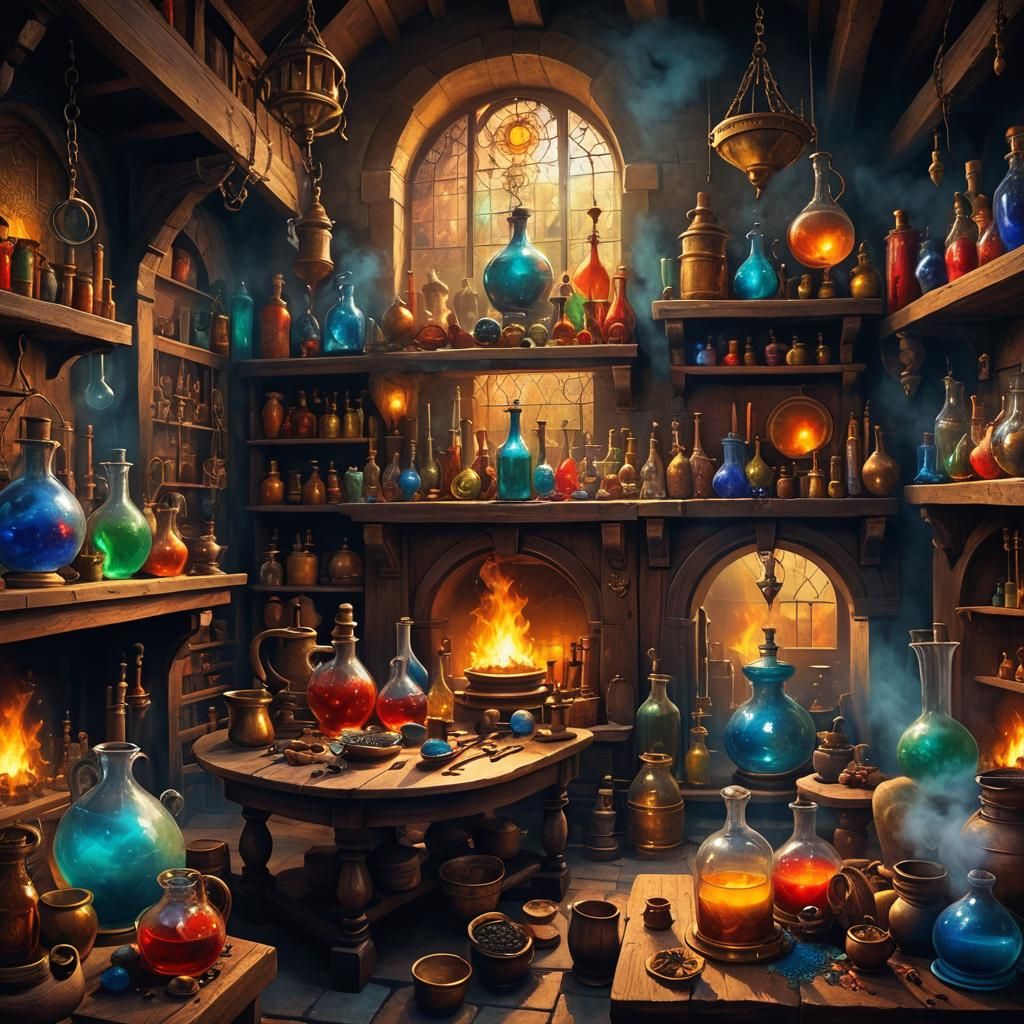 Medieval alchemy lab.   by @Dmitri