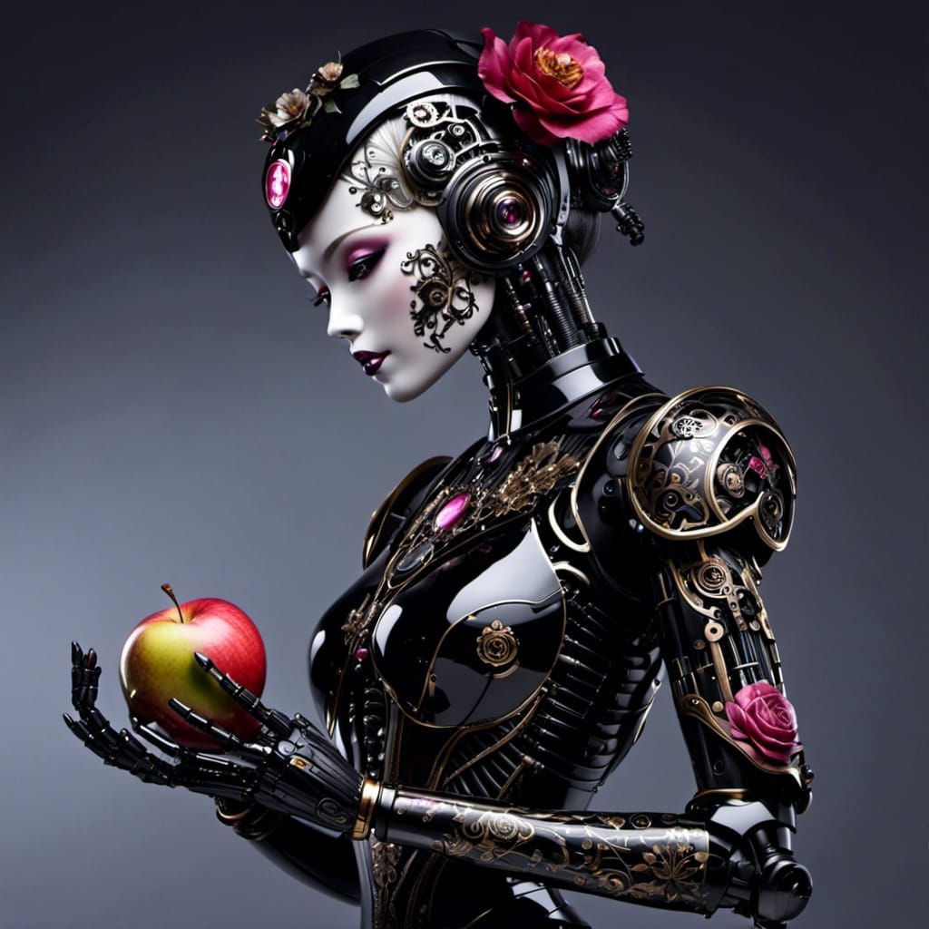  <lora:Crimson:1.0>A beautiful cyberpunk humanoid with digital tattoos holding an apple :: black background