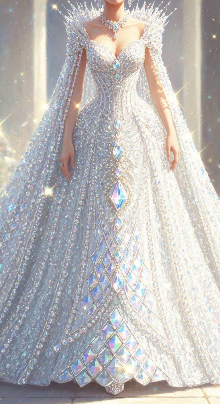 A fantasy queen wearing ballgown entirely made by glass-like beads sparkling in the sunlight (03)