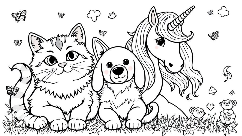 A cat with a dog and a unicorn. black and white coloring pag...
