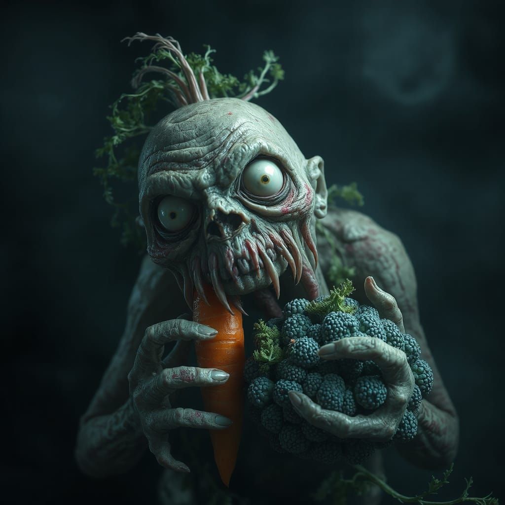 Zombie devouring broccoli and carrot family