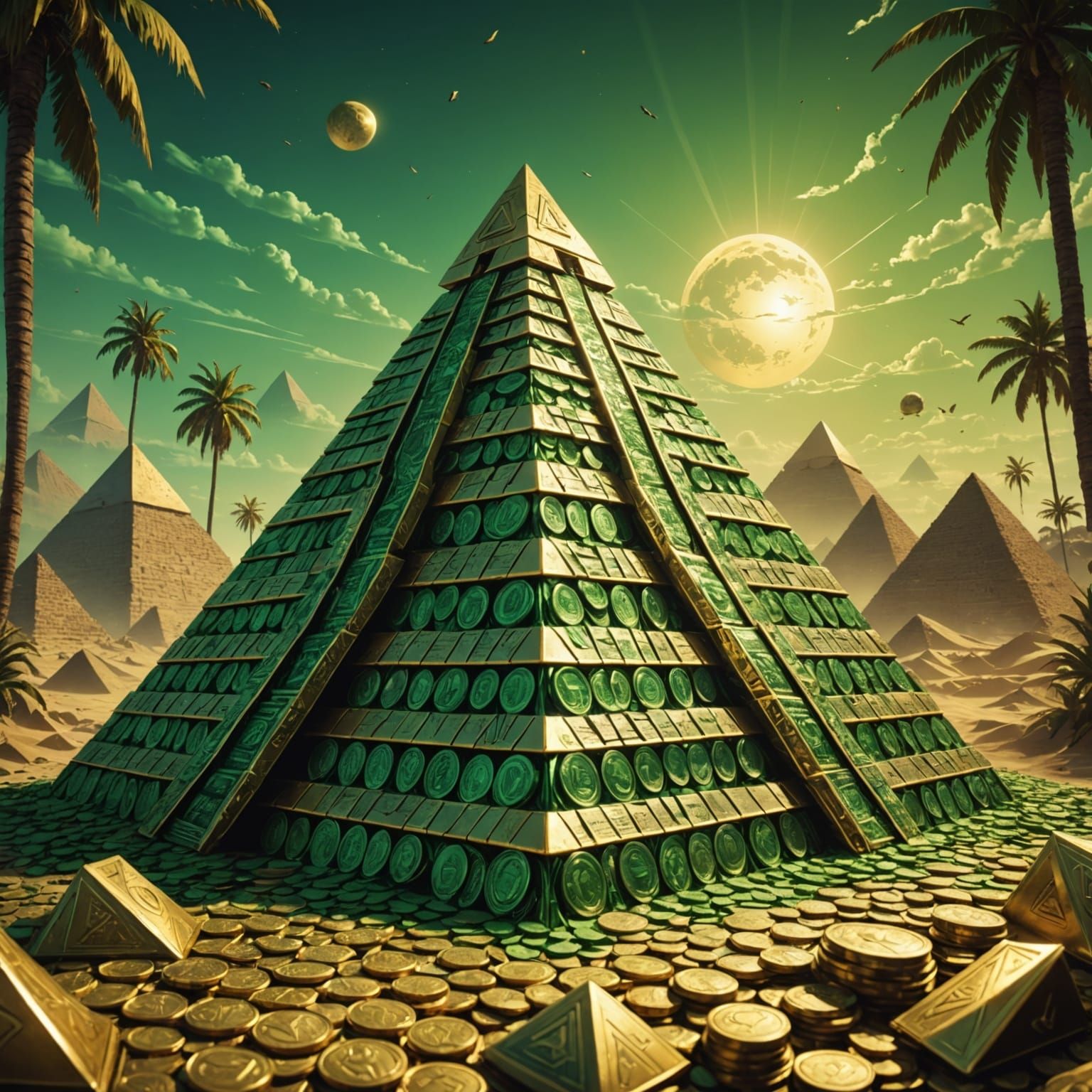 A Pyramid Made out of Green Cash and Gold coins Epic cinematic brilliant stunning intricate meticulously ...  by @Ringking 1978
