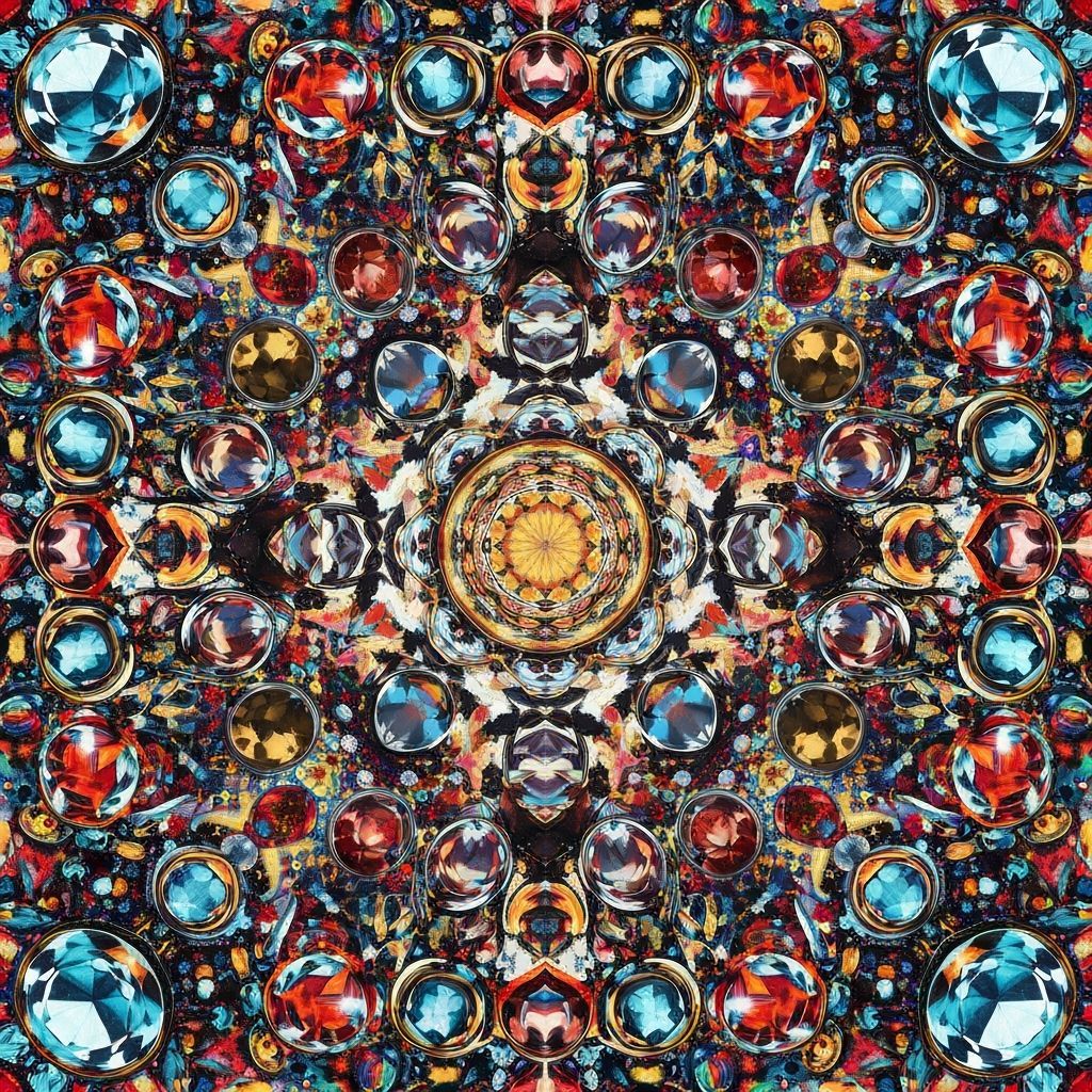 Keledioscope view showing vibrant mandala art of jewels, super detailed, hyper realistic with glass, ...  by @undefined