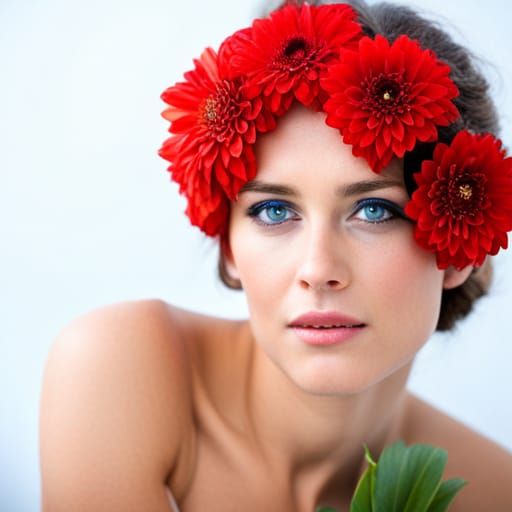 red flower, blue eyes