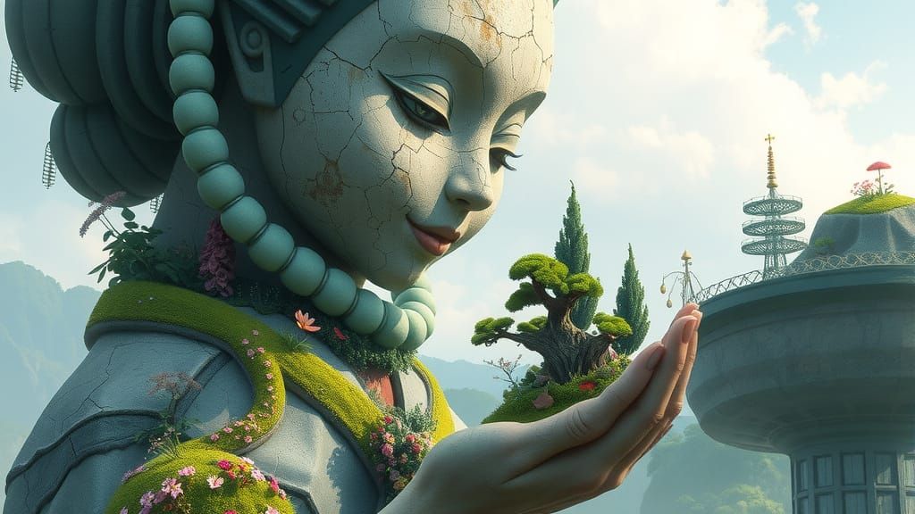 A colossal stone geisha with a weathered, cracked surface, overgrown with lush moss, wildflowers, and ...  by @IoanM